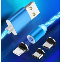 Magnetic luminous LED cable for mobile phone charging, data transfer, with three charging tips, Lightening, Type C, Micro USB