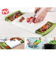 Ergonomic cutting board with pull-out container for convenient and quick cutting of products