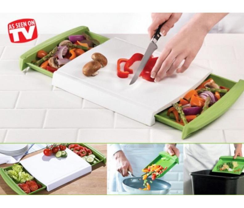 Ergonomic cutting board with pull-out container for convenient and quick cutting of products
