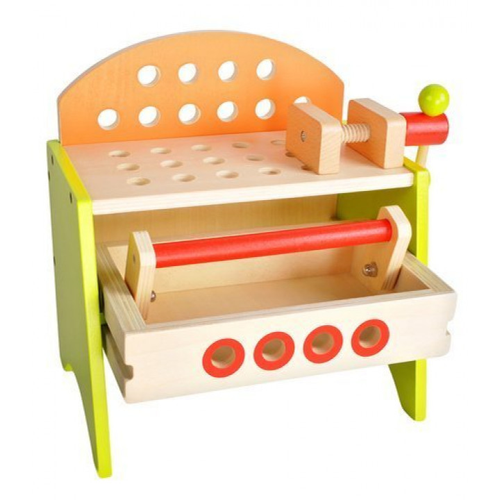 Childrens educational toy for fine motor skills, Workshop with wooden tools - hammer, wrench, screwdriver, saw, bolts, nuts