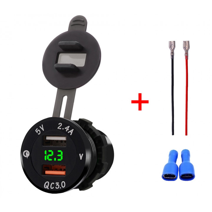 12V Car Cigarette Lighter Socket with 2 x USB Charger - 2.4A and Quick Charge 3.0.