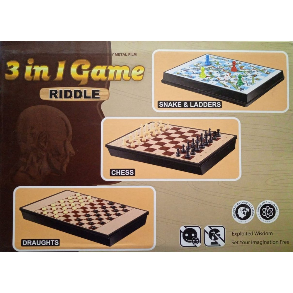 Compact pocket board game 3 in 1 - Snakes and ladders, chess, checkers with magnetic playing field