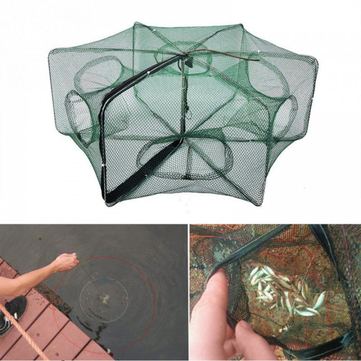 Folded Portable Hexagon 6 or 8 Hole Automatic Fishing Shrimp Trap Fishing  Net Fish Shrimp Minnow Crab Baits Cast Mesh Trap - TONQU