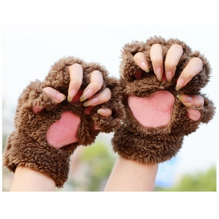  Girls Furry Winter Fingerless Cat Paw Gloves
