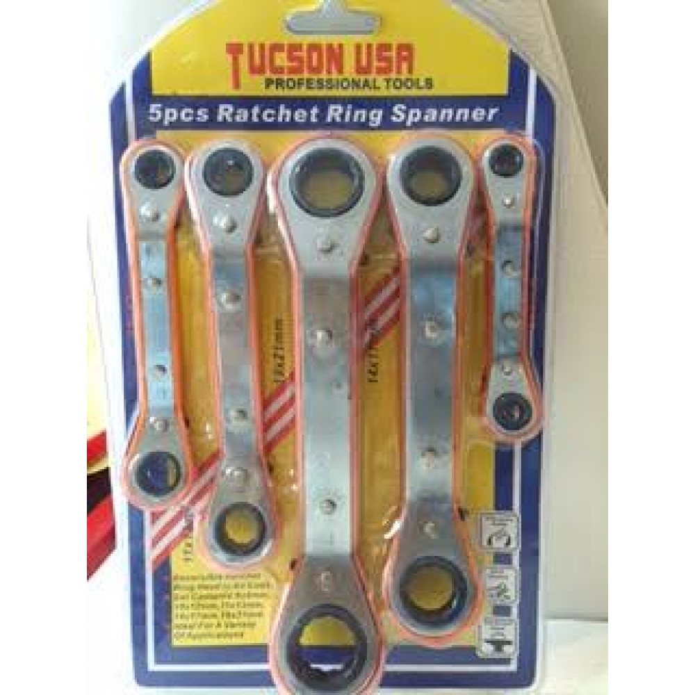 Комплект качественных трещоточных реверсивных накидных гаечных ключей Tucson USA, 5 шт