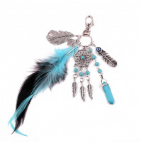 Stylish keychain made of metal, feathers, ribbons and synthetic opal with carabiner - Dream Catcher