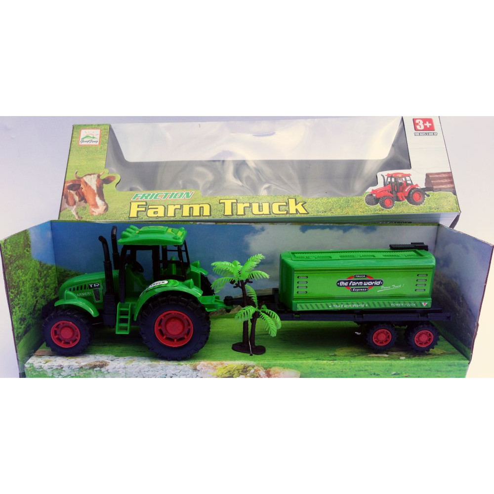 Toy tractor with a trailer and a palm tree