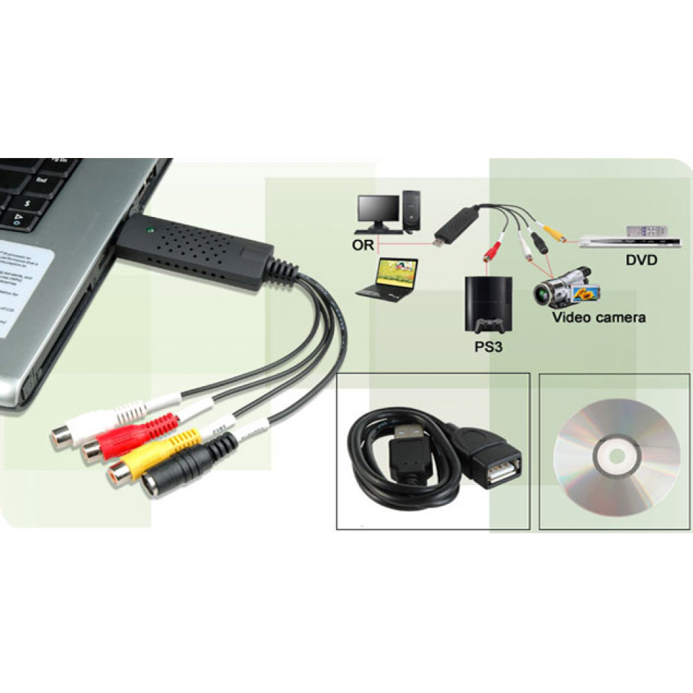 Audio un video pārrakstīšanai ar analoga A/V (tulpes) izeju, ciparošanai, digitalizēšanai, pārveidošanai digitālā formātā USB adapteris Easy Cap