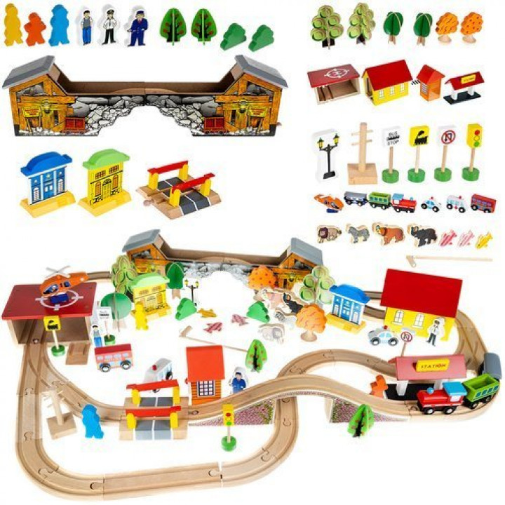 Wooden playset City, toy railroad, 89 elements