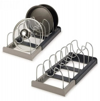Adjustable rack for ergonomic storage of pans and lids in the kitchen