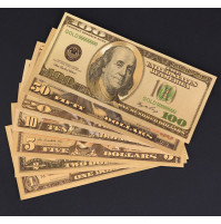 Золотые сувенирные двусторонние банкноты купюры доллары USD номиналом 1, 2, 5, 10, 20, 50, 100