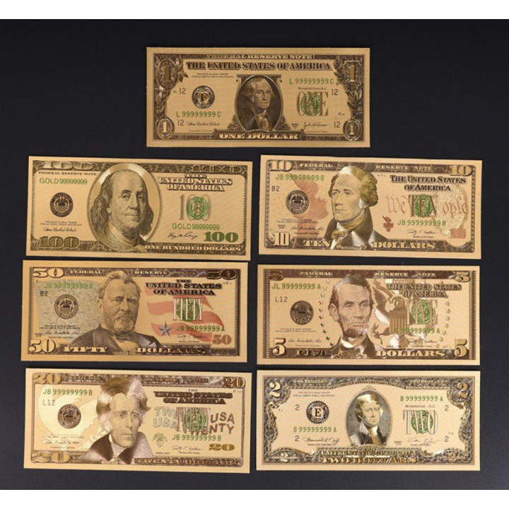 Gold souvenir double-sided USD banknotes in denominations of 1, 2, 5, 10, 20, 50, 100