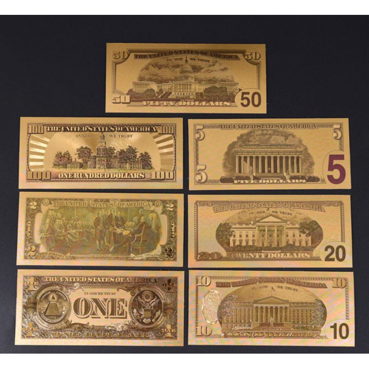 Gold souvenir double-sided USD banknotes in denominations of 1, 2, 5, 10, 20, 50, 100