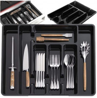 Ergonomic, sliding organizer for storing cutlery, forks, spoons, knives in a drawer