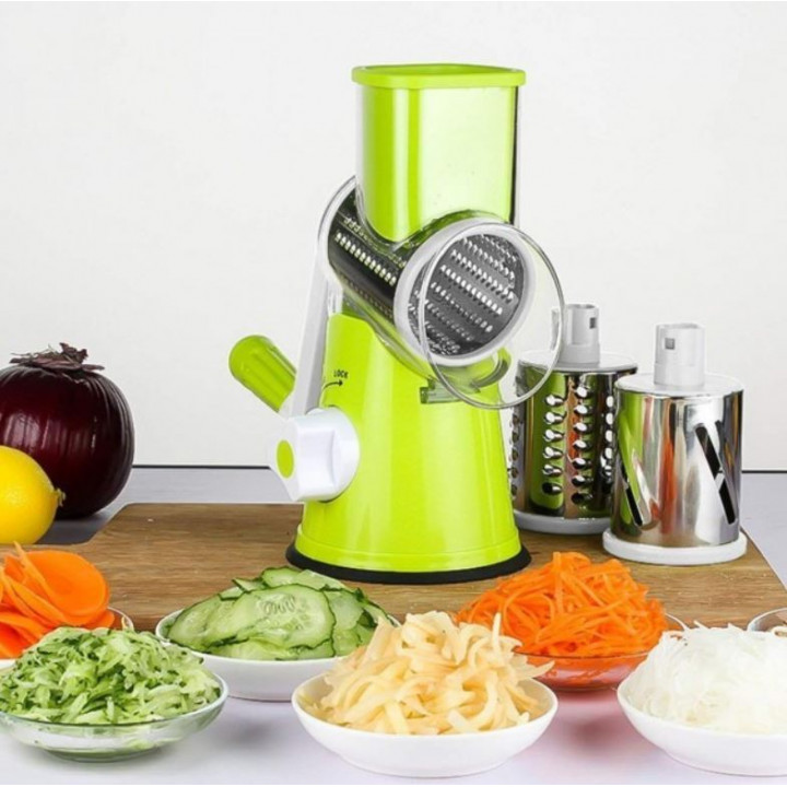 Adjustable rotary grater, shredder, vegetable cutter for fruits, vegetables, nuts, chocolate, cheese, with suction cup attachment - Tabletop Drum Grater