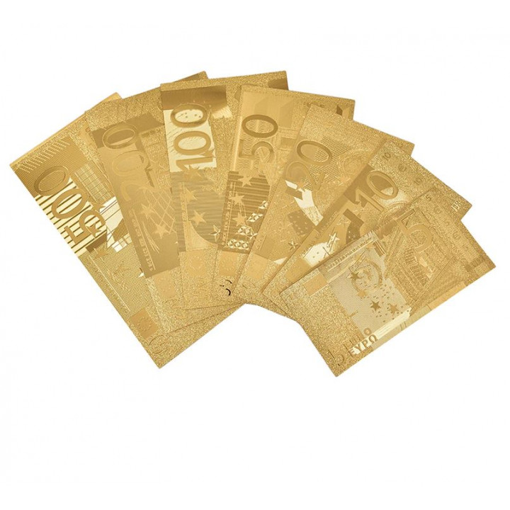 Gold souvenir double-sided EUR banknotes in denominations of 1, 2, 5, 10, 20, 50, 100