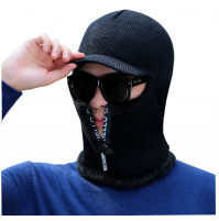 Soft fleece hat with visor and zipper, winter protective hood from snow, wind, rain