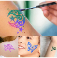 Bērnu komplekts pagaidu mirdzošu tetovējumu veidošanai, spīdumi, šimmeri, trafareti, Glitter Body Tattoo, 24 gab