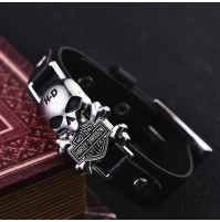Stylish vintage leather bracelet with chrome skull Harley Davidson for bikers, brutal gift to man
