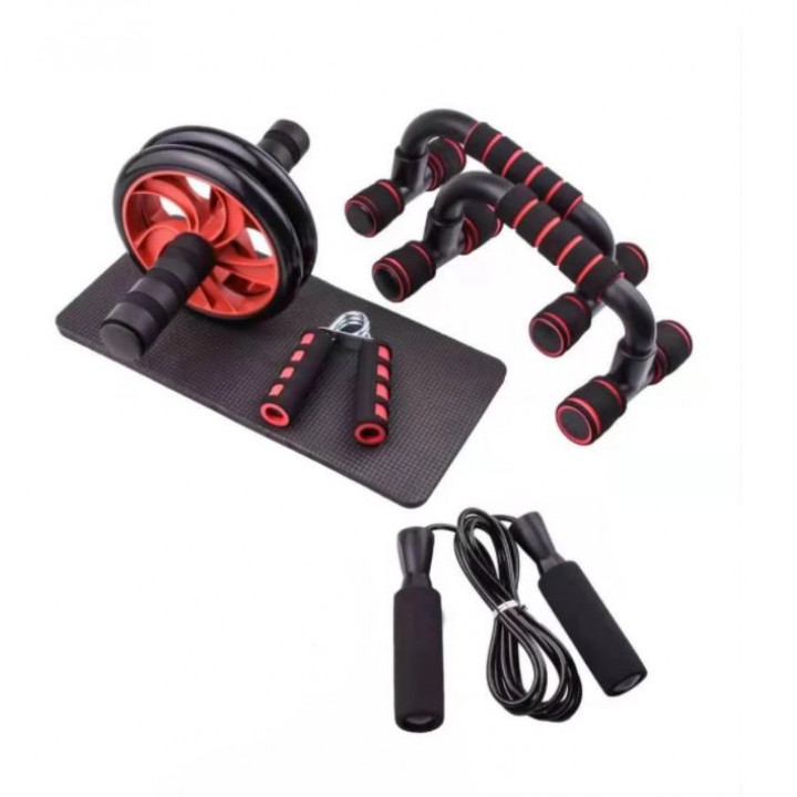 Professional 5 in 1 home sports complex of exercise equipment - a rope, an expander, push-up handles, a reinforced abs wheel, an exercise mat