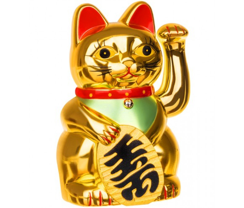 Oriental symbol, a golden cat Maneki Neko, waving its paw, lures good luck, prosperity, happiness