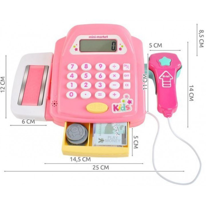 Children's cash register with sound, scanner, calculator and accessories