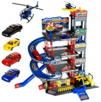 Educational toy multilevel parking with 4 cars, helicopter and a car washer