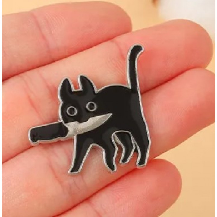 Badge, pin Black cat with a knife - . Gift Ideas