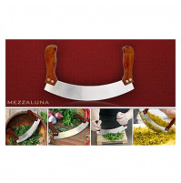 Circular steel chef's knife with double handle for chopping herbs, vegetables, hard foods
