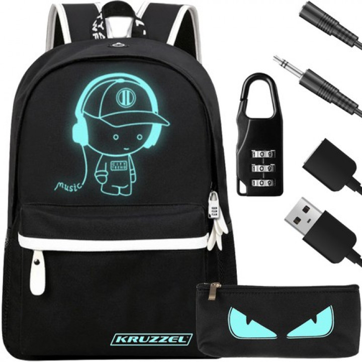 Stylish backpack for children and adults with colored LED backlight, reflector, phone charger, padlock