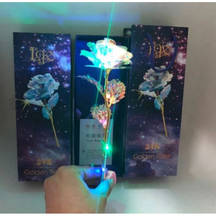 Luminous LED golden rose in a gift box and with a LOVE stand
