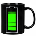 A magical chameleon mug with a pattern of a charged battery appearing from hot liquid, a gift for a tired colleague