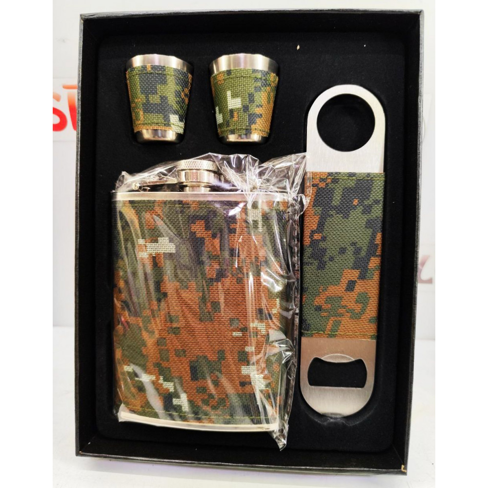 Set in a gift box, a gift for a man, a flask, two shot glasses, a bottle opener in military style, 300 ml