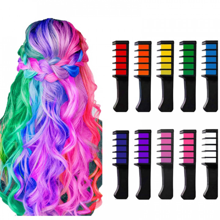 Maģiski krāsaini krītiņi - ķemme īslaicīgai matu krāsošanai, 10 gab