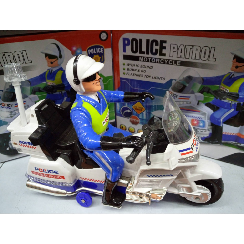 Toy Police officer on a motorcycle with light music