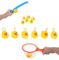 Set of rubber ducks 6 pcs with a net and a rod for fishing in the bath