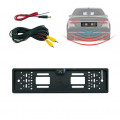 Car frame, license plate holder with built-in rear view camera, parking assistant