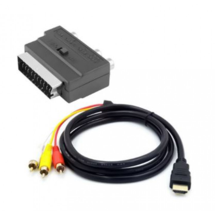 Scart uz VGA, RCA (tulpes), S-video vai HDMI adapteri, pārējas kabeļi