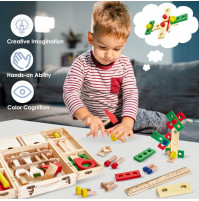 Childrens educational wooden construction set, young home craftsman's set, tools in a suitcase