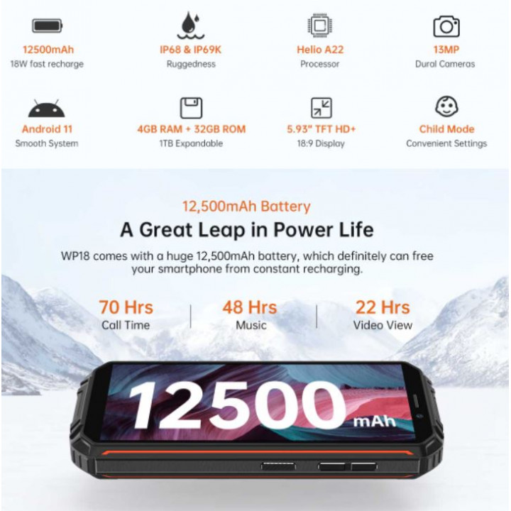 Oukitel WP 18 Waterproof IP68 & IP69K Shockproof Smartphone with 12500mAh Heavy Duty Battery