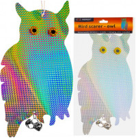Bird scarer in the garden, in the garden, suspended reflective holographic owl with a bell