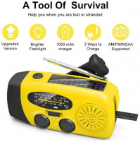 Portable AM/FM/WB solar-powered radio with built-in 1000mAh Power Bank, emergency charging dynamo, flashlight