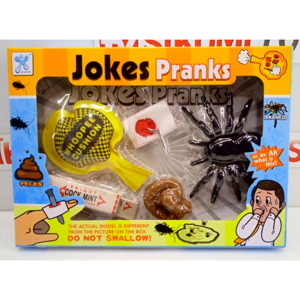 ​​​​​​​Набор юного пакостника, комплект для розыгрышей Jokes Pranks: подушка пердушка, жвачка электрошокер, искусственная какашка, прыгающий паук, гвоздь в пальце