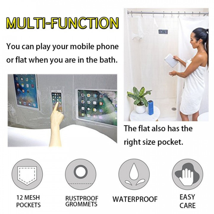 Ipad Mount Clear Shower Curtain Liner Tablet Or Phone Holder Waterproof Eva 180 180cm Bathroom