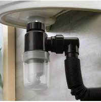 Ergonomic sewer siphon with a transparent flask and an elastic universal hose for the sink, for convenient cleaning of debris and dirt