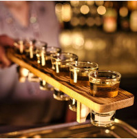 A set of glasses, a wooden stand, meter for serving shots with alcohol, 6 pcs