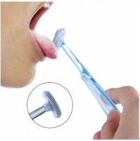 Soft silicone scraper with bristles, for cleaning the tongue from white plaque, bacteria, eliminating unpleasant odors