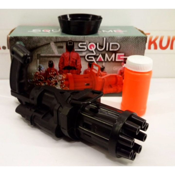 Childrens interactive toy Squid Game Minigun Gatling M134, shoots soap bubbles