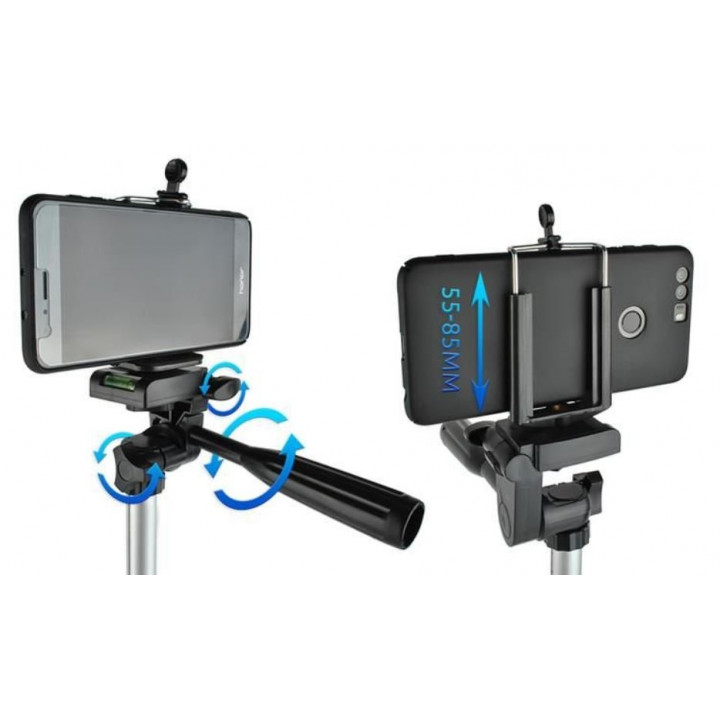 Adjustable selfie tripod holder for smartphone, camera, camcorder, 45 - 133 cm, with phone holder, case