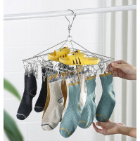 Durable Metal Hanger with 30 Clothes Clips Ergonomic Hanging Clothes Drying Rack
